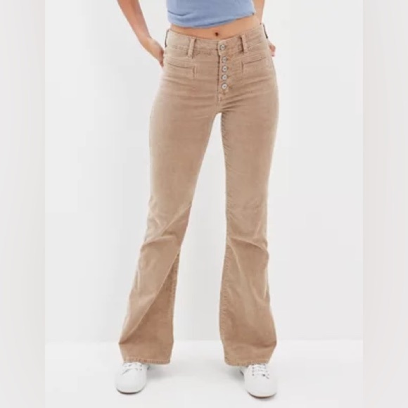 American Eagle High Rise Stretch Corduroy Flare Pants Beige Size 12 Short - Picture 1 of 11